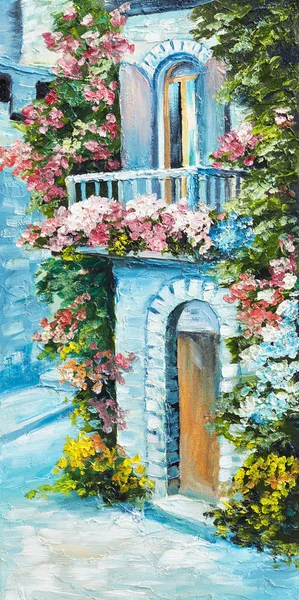 Olieverfschilderij - huis in de buurt van de zee, de kleurrijke bloemen, de zomer zeegezicht Rechtenvrije Stockfoto's