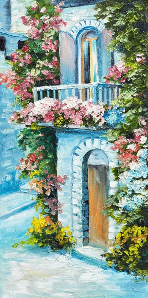 Oil painting - house near the sea, colorful flowers, summer seascape Royalty Free Stock Photos