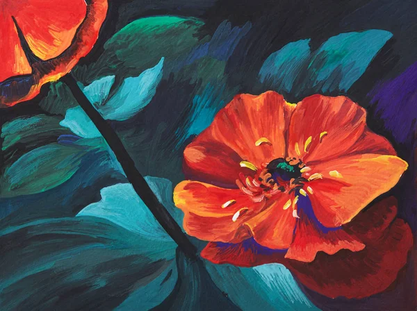 Kleurrijke Papavers Acryl Bloemen Hand Geschilderd Floral Illustratie Rechtenvrije Stockafbeeldingen