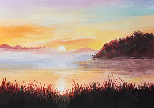 Painting Sunrise Lake Reeds Colorful Impressionism Stock Photo