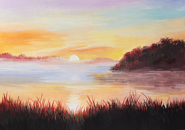 Painting Sunrise Lake Reeds Colorful Impressionism Royalty Free Stock Photos