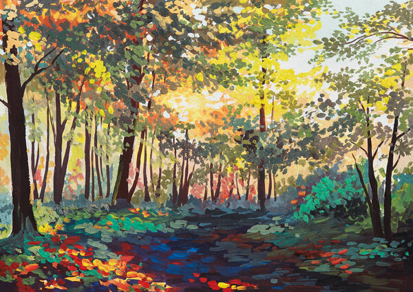 Colorful Forest Trees Spring Sunset Oil Painting Stock Picture
