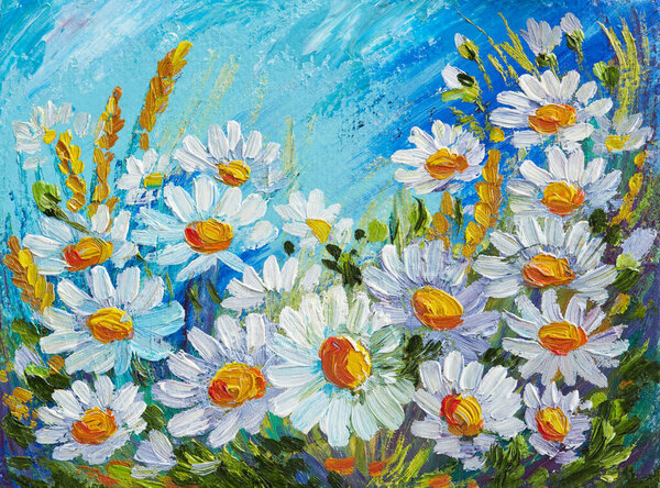 Oil Painting Spring Bouquet Chamomile Stock Image