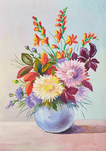 Olieverfschilderij Stilleven Met Asters Witte Achtergrond Bloemen Vaas Rechtenvrije Stockfoto's