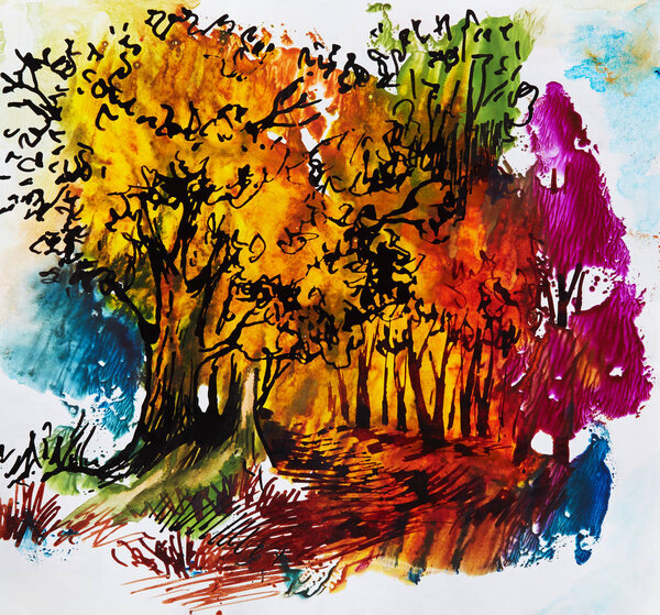 Abstract Autumn Trees Watercolor Stock Image