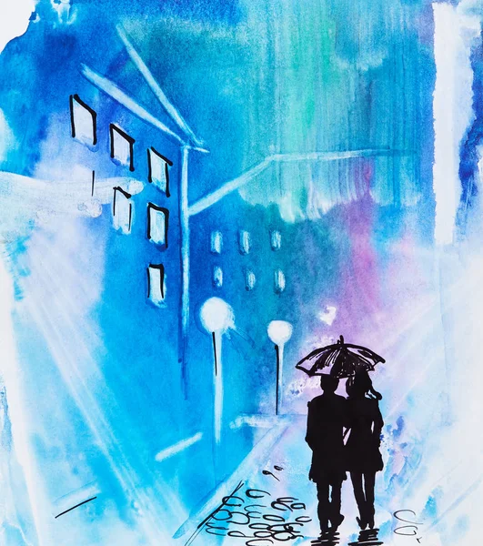 Abendstraße Park Aquarell Auf Papier Stockfoto