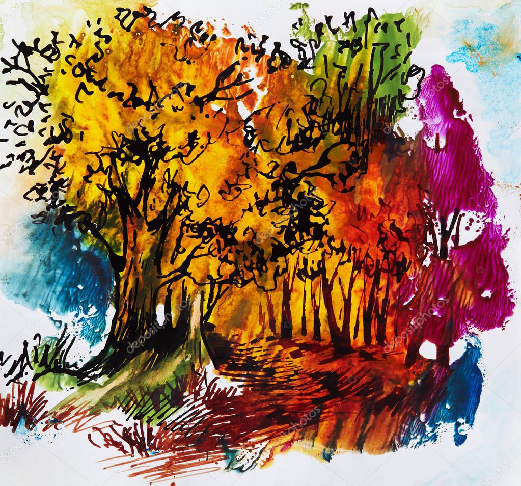 abstract autumn trees, watercolor