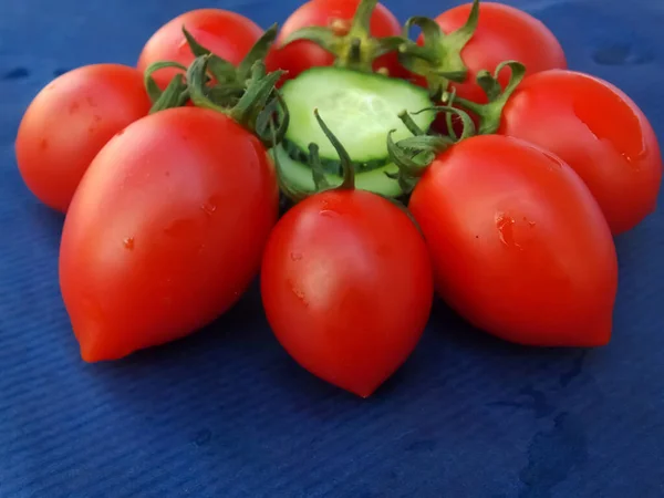 Tomates Cerises Concombres Sur Fond Bleu — Photo
