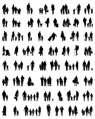 Beyaz bir arka plan üzerinde yürüme ailelerin siluetleri