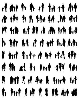 Beyaz bir arka plan üzerinde yürüme ailelerin siluetleri