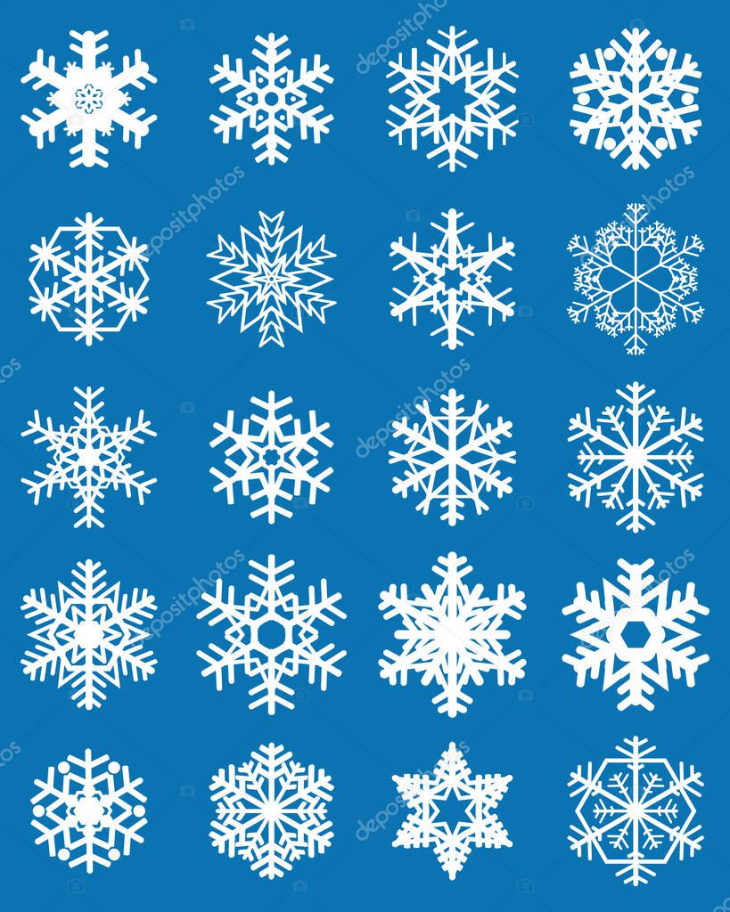 Set of different white snowflakes on a blue background