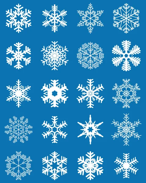 青い背景に異なる白い雪片のセット — ストックベクタ