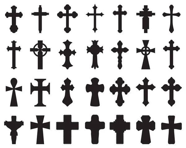 Großer Satz Schwarzer Silhouetten Verschiedener Kreuze Verschiedener Religiöser Symbole — Stockvektor
