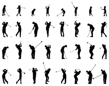 Beyaz arka planda golf oyuncularının siyah siluetleri