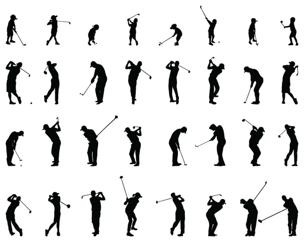 Svart Silhuetter Golfspelare Vit Bakgrund — Stock vektor