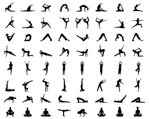 Siluetas Negras Yoga Fitness Sobre Fondo Blanco — Vector de stock