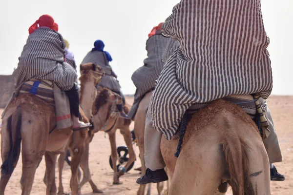 Kameler husvagn går i Saharaöknen i Tunisien, Afrika. Touris — Stockfoto