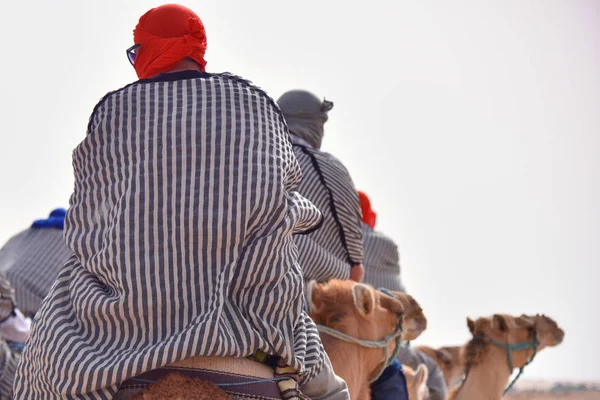 Caravana de camelos indo no deserto do Saara na Tunísia, África. Touris — Fotografia de Stock