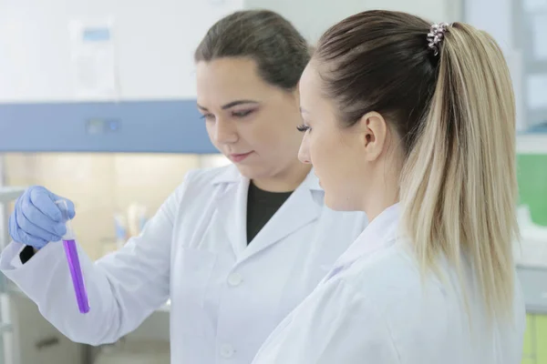 Twee jonge vrouwelijke laboratoriumwetenschappers werken in het lab met een test — Stockfoto