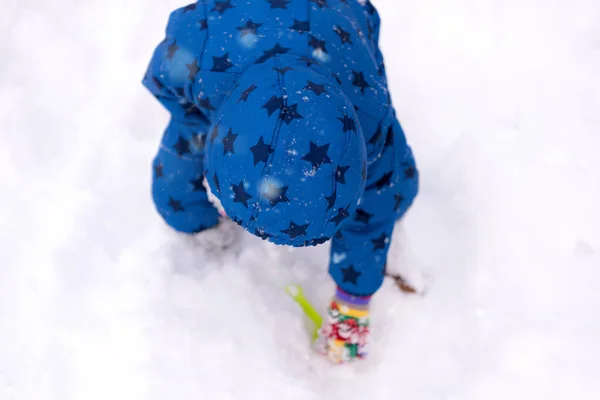 Child, three years old boy in winter clothes playing with snow. — Stock Photo, Image