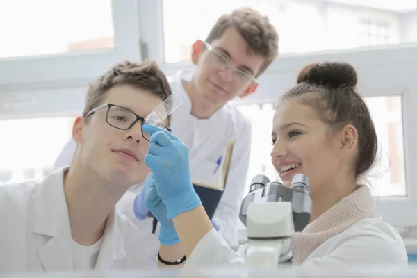 Groep jonge laboratoriumwetenschappers werkt in het lab met test tu — Stockfoto