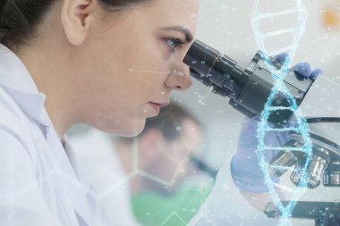 Laboratuvarda deney tüpleriyle çalışan iki genç bilim adamı...