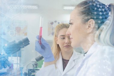 Laboratuvarda deney tüpleriyle çalışan iki genç bilim adamı...