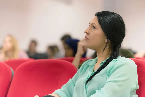 Beautiful female student listen carefully during seminar. Study — Stock Photo, Image