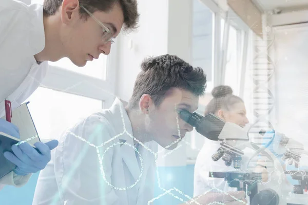 Grupo de jovens cientistas de laboratório que trabalham em laboratório com teste tu — Fotografia de Stock