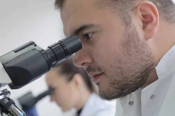 Dos jóvenes científicos de laboratorio que trabajan en el laboratorio con tubos de ensayo a — Foto de Stock