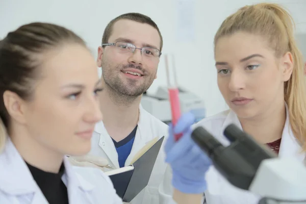 Groep jonge laboratoriumwetenschappers werkt in het lab met test tu — Stockfoto