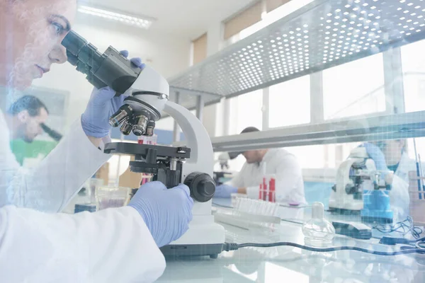 Grupo de jóvenes científicos de laboratorio que trabajan en el laboratorio con test tu — Foto de Stock