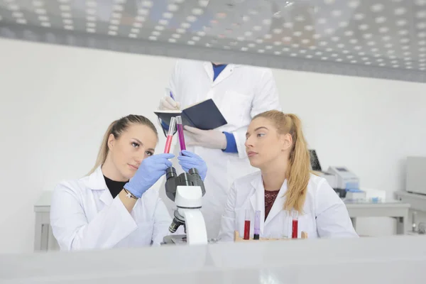 Groupe de jeunes scientifiques de laboratoire travaillant au laboratoire avec test tu — Photo