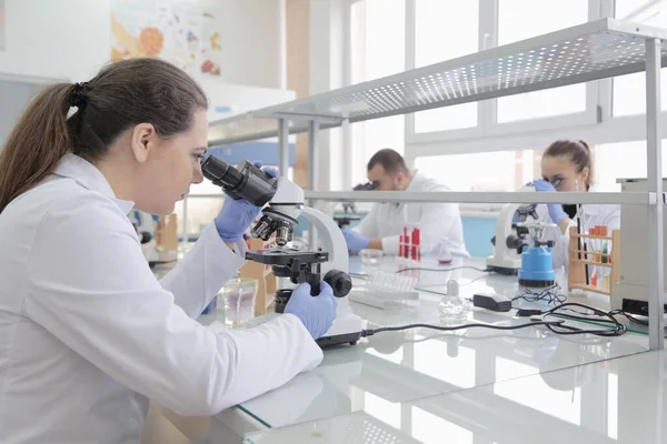 Gruppo di giovani scienziati di laboratorio che lavorano in laboratorio con test tu — Foto Stock