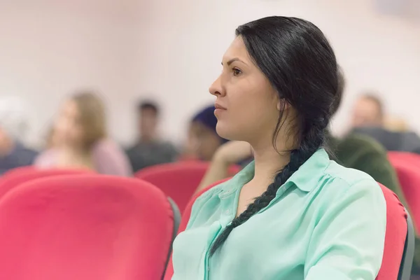 Beautiful female student listen carefully during seminar. Study — Stock Photo, Image