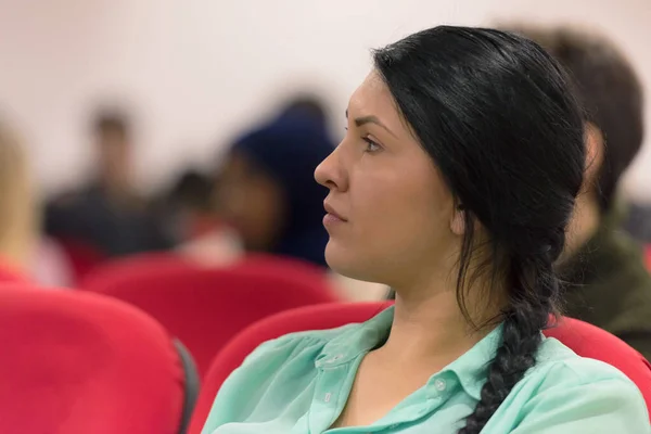 Beautiful female student listen carefully during seminar. Study — Stock Photo, Image