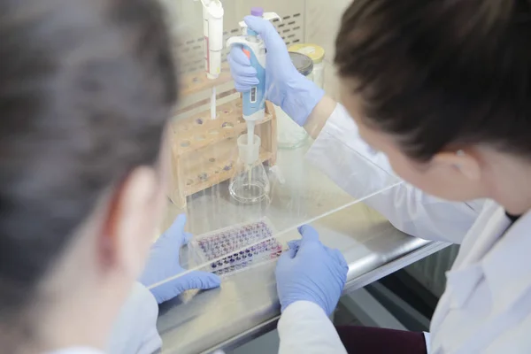 Dos jóvenes científicas de laboratorio trabajando en el laboratorio con la prueba —  Fotos de Stock