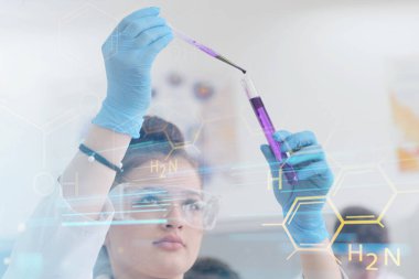 Laboratuvarda test tüpleri ve mikroskopla çalışan iki genç kadın ve erkek bilim adamı.,