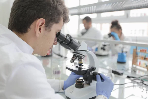 Grupo de jóvenes científicos de laboratorio que trabajan en el laboratorio con test tu — Foto de Stock