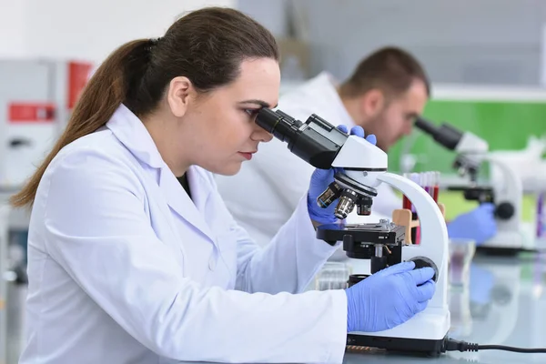 Dos jóvenes mujeres y hombres científicos de laboratorio que trabajan en el laboratorio w — Foto de Stock