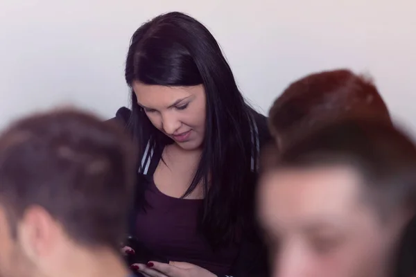 Happy young female talented designer looking at innovative proje — Stock Photo, Image