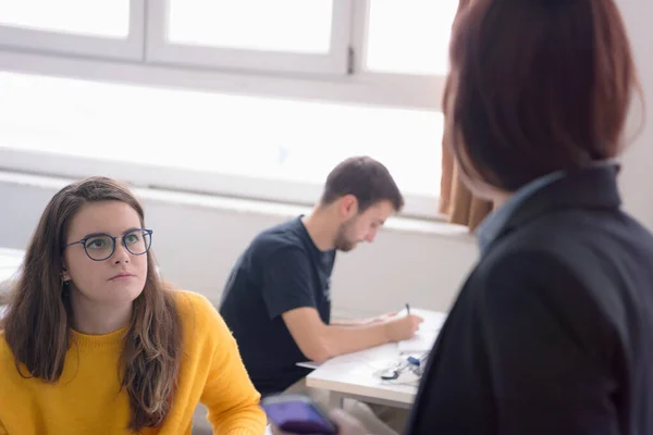 Női építésztanár a munkahelyén. Női professzor magyarázza el ar — Stock Fotó