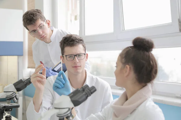 Groep jonge laboratoriumwetenschappers werkt in het lab met test tu — Stockfoto