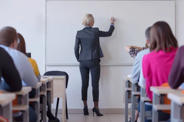 Vrouwelijke hoogleraar legt uit aan studenten en interacteert met hen in t — Stockfoto