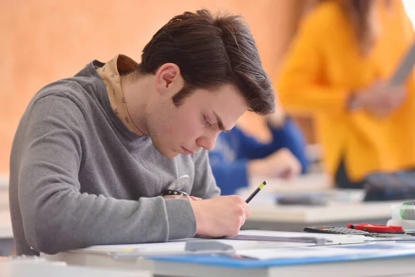 Studenten mannelijke universiteitsarchitectuur die aan praktijklessen werken — Stockfoto