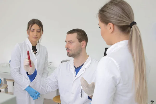 Laboratuvarda test tu ile çalışan bir grup genç bilim adamı. — Stok fotoğraf