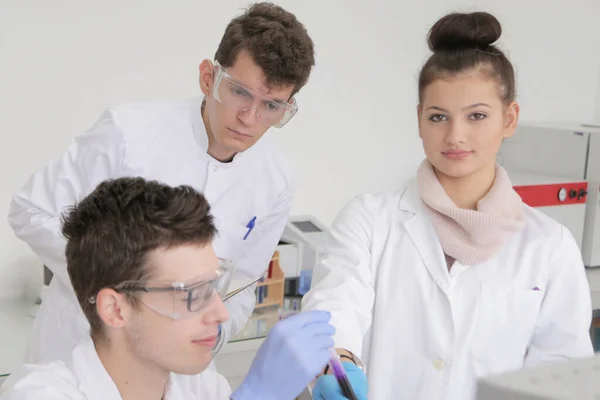 Gruppo di giovani scienziati di laboratorio che lavorano in laboratorio con test tu — Foto Stock