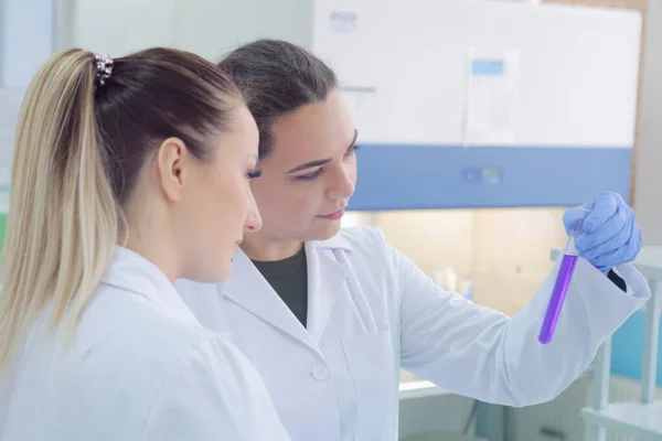 두 명의 젊은 여성 실험실 과학자가 실험실에서 실험을 하고 있습니다. — 스톡 사진