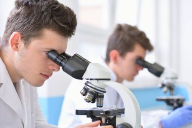 İki genç bilim adamı bir labirentteki mikroskoba bakıyorlar.