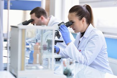 Laboratuvarda çalışan iki genç kadın ve erkek bilim adamı.